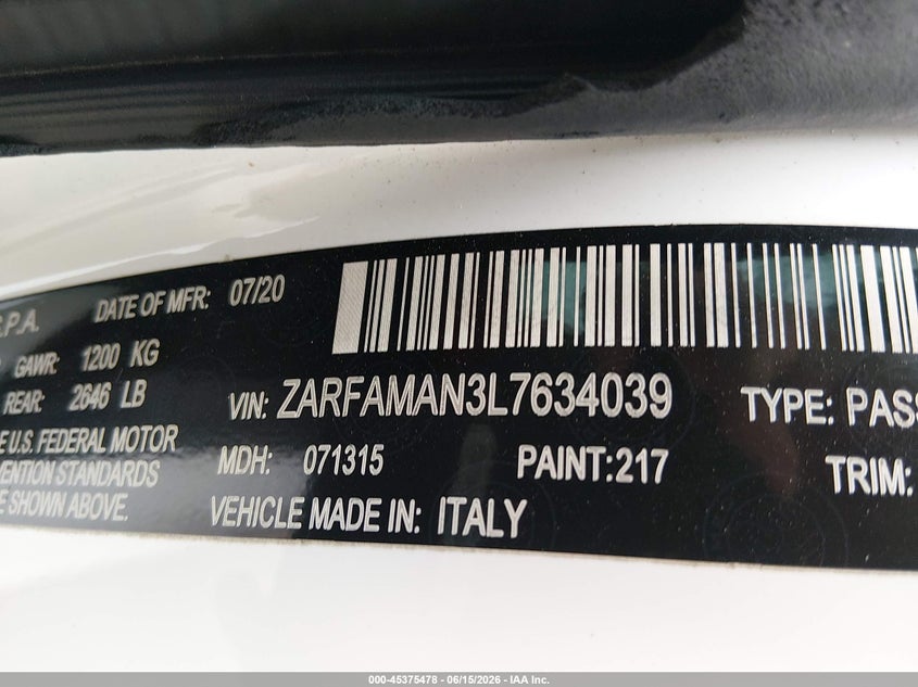 2020 Alfa romeo Giulia VIN ZARFAMAN3L7634039 IAAI salvage auction — LEFT SIDE, Original (Texas), sold $4,350 on 2026-09-15 (photo 9)