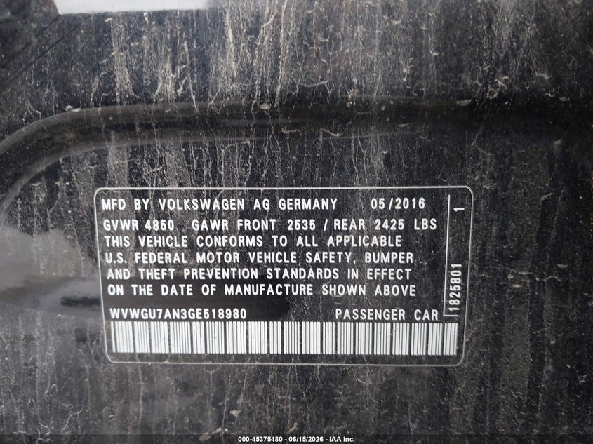 2016 Volkswagen Passat cc VIN WVWGU7AN3GE518980 IAAI salvage auction — FRONT END, Salvage (Texas), sold $575 on 2026-07-28 (photo 9)