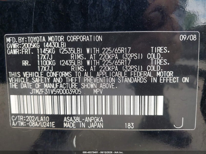 2009 Toyota Rav4 VIN JTMZF31V59D003905 IAAI salvage auction — FRONT & REAR, Salvage (Texas), sold $1,400 on 2026-07-22 (photo 9)
