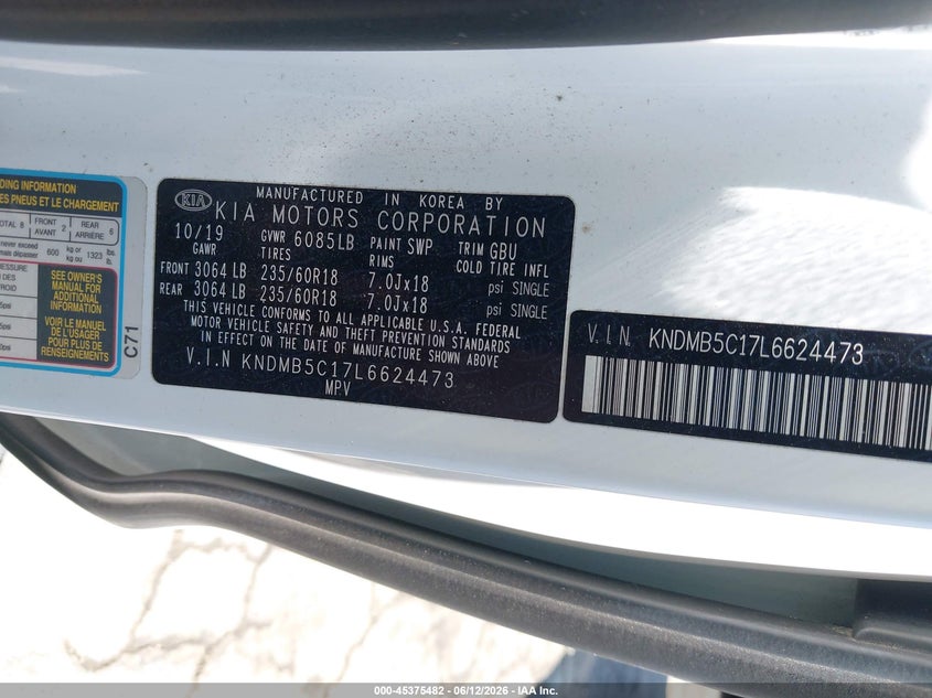 2020 Kia SEDONA VIN KNDMB5C17L6624473 IAAI salvage auction — RIGHT FRONT, Salvage (North Carolina), sold $1,700 on 2026-07-23 (photo 9)