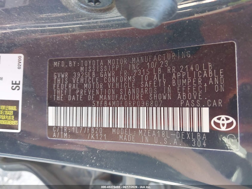 2024 Toyota Corolla VIN 5YFB4MDE0RP096807 IAAI salvage auction — HAIL, Regular (South Dakota), sold $11,100 on 2026-07-28 (photo 9)