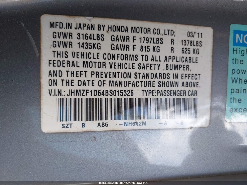 2011 Honda Cr-z VIN JHMZF1D64BS015326 IAAI salvage auction — ROLLOVER, Salvage (North Carolina), sold $400 on 2026-07-13 (photo 9)