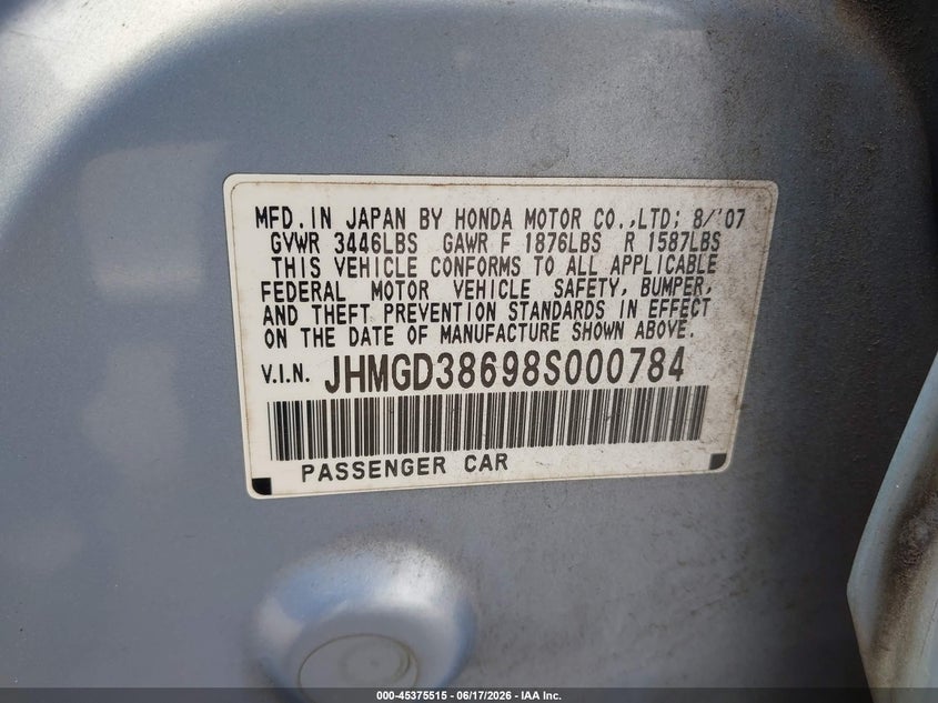 2008 Honda Fit VIN JHMGD38698S000784 IAAI salvage auction — RIGHT SIDE, Bill Of Sale (Washington), sold $500 on 2026-07-08 (photo 9)