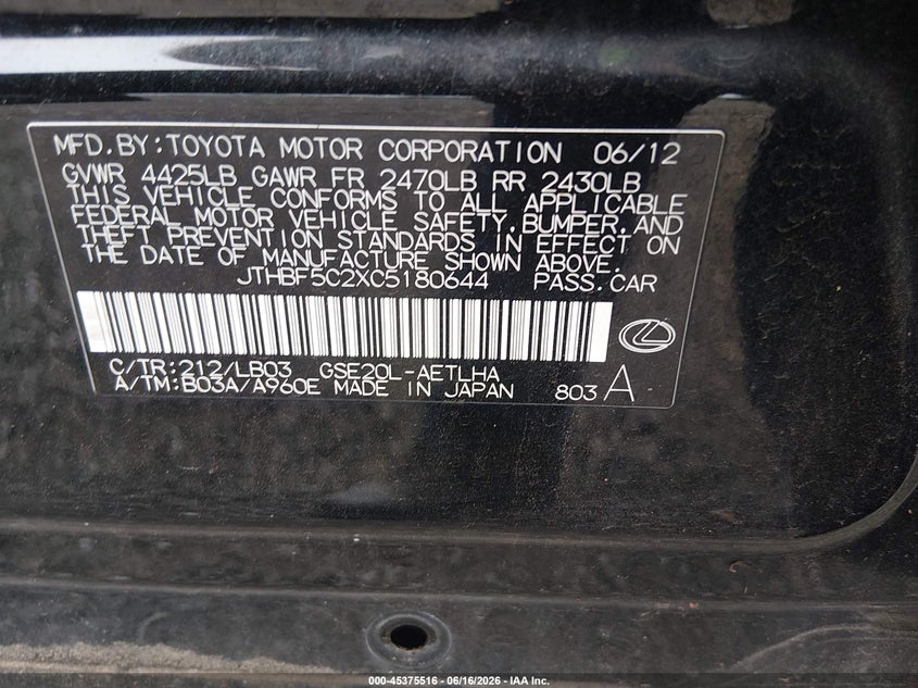 2012 Lexus Is VIN JTHBF5C2XC5180644 IAAI salvage auction — LEFT FRONT, Salvage (South Carolina), sold $1,650 on 2026-07-14 (photo 9)