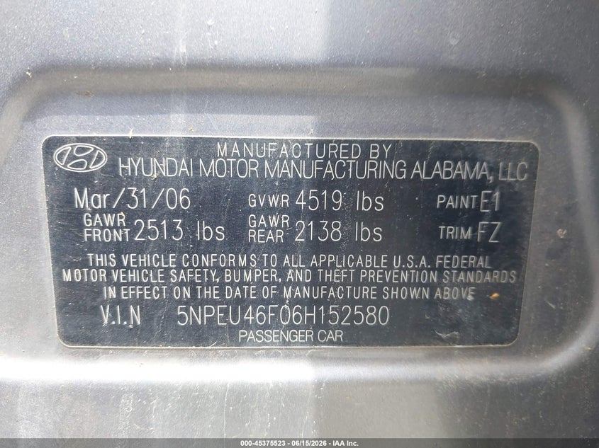 2006 Hyundai Sonata VIN 5NPEU46F06H152580 IAAI salvage auction — NORMAL WEAR, Clear (Virginia), sold $100 on 2026-07-14 (photo 9)