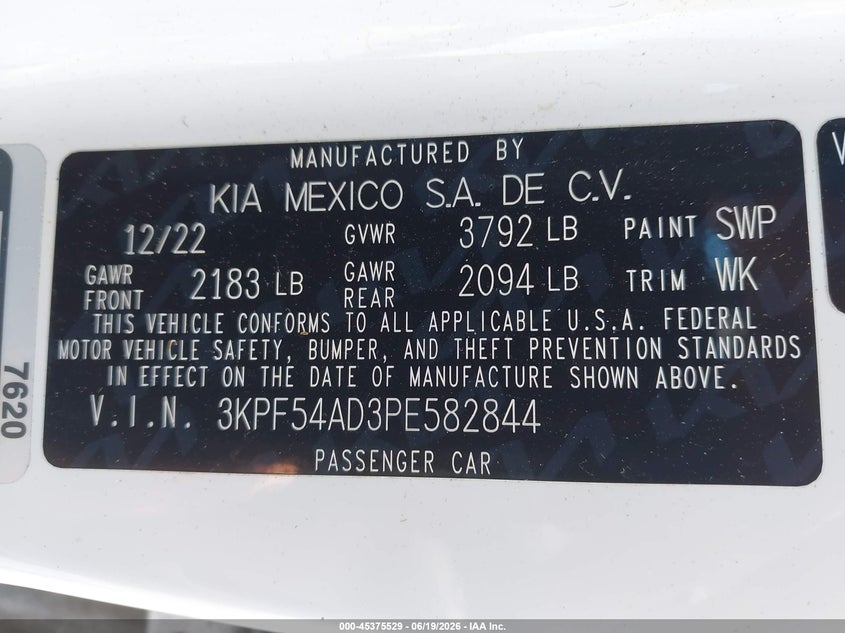 2023 Kia Forte VIN 3KPF54AD3PE582844 IAAI salvage auction — FRONT END, Salvage (South Carolina), sold $5,000 on 2026-07-18 (photo 9)