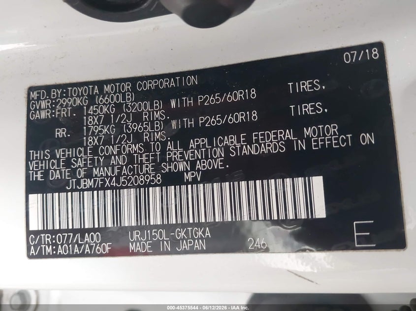 2018 Lexus Gx VIN JTJBM7FX4J5208958 IAAI salvage auction — RIGHT FRONT, Salvage (Arizona), sold $11,400 on 2026-07-28 (photo 9)