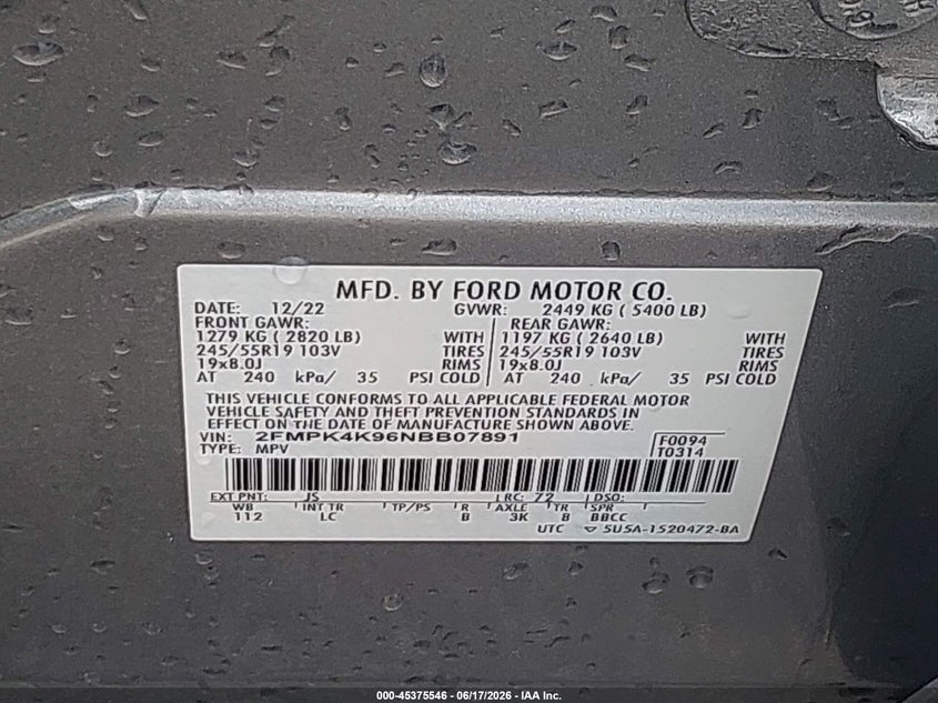 2022 Ford Edge VIN 2FMPK4K96NBB07891 IAAI salvage auction — REAR END, Salvage (Indiana), sold $8,550 on 2026-07-16 (photo 9)