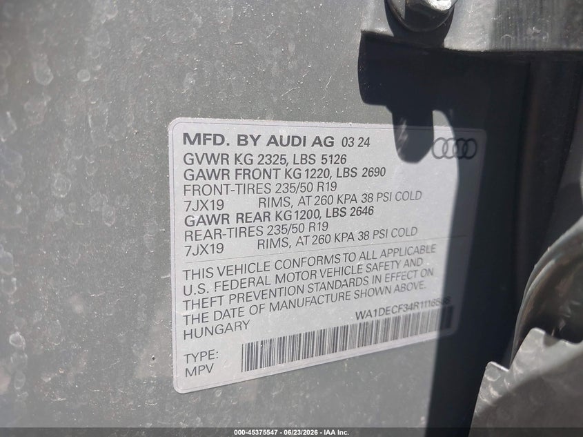 2024 Audi Q3 VIN WA1DECF34R1116566 IAAI salvage auction — LEFT REAR, Salvage (Indiana), sold $16,750 on 2026-07-22 (photo 9)