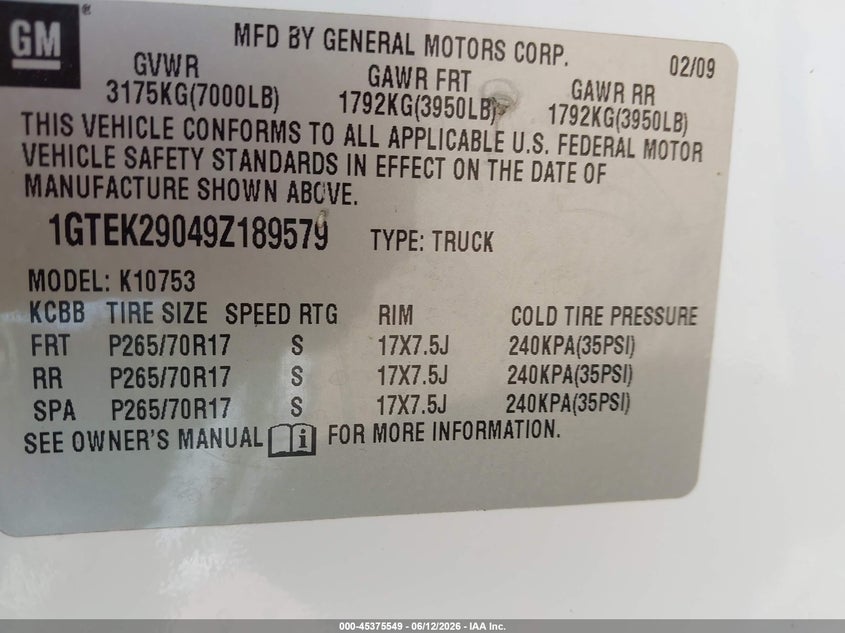 2009 Gmc Sierra 1500 VIN 1GTEK29049Z189579 IAAI salvage auction — FRONT END, Salvage (Alabama), sold $1,450 on 2026-07-08 (photo 9)