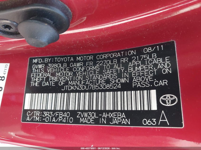 2011 Toyota Prius VIN JTDKN3DU7B5308524 IAAI salvage auction — SIDE, Salvage (Ohio), sold $500 on 2026-07-07 (photo 9)