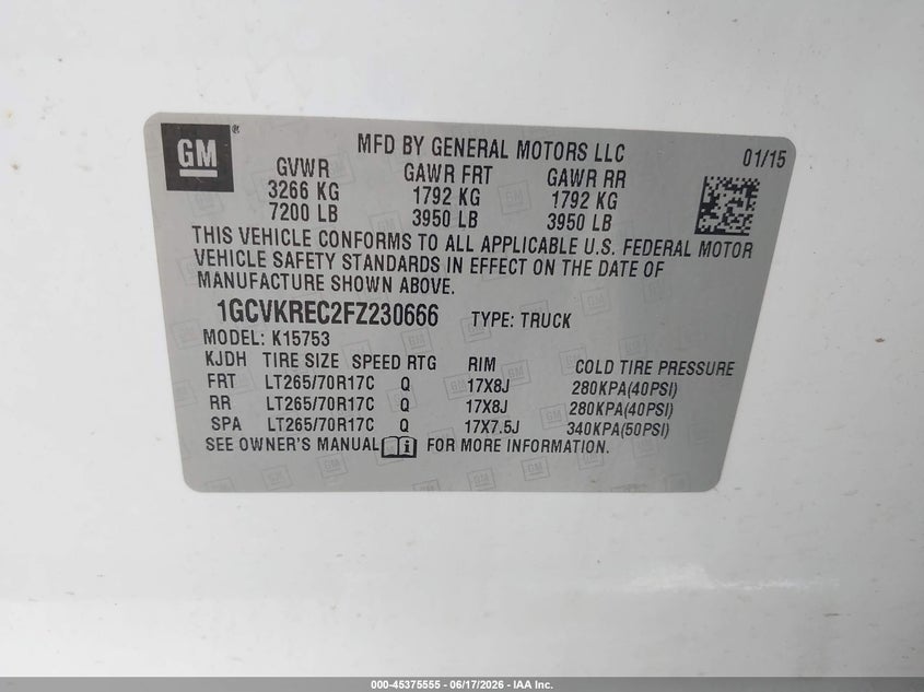 2015 Chevrolet VIN 1GCVKREC2FZ230666 IAAI salvage auction — REAR END, Salvage (Kansas), sold $7,400 on 2026-07-11 (photo 9)