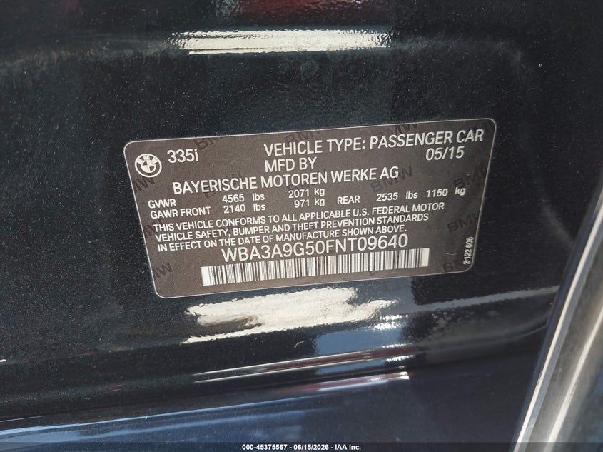 2015 BMW 3er VIN WBA3A9G50FNT09640 IAAI salvage auction — REAR END, Salvage (California), sold $3,850 on 2026-07-09 (photo 9)