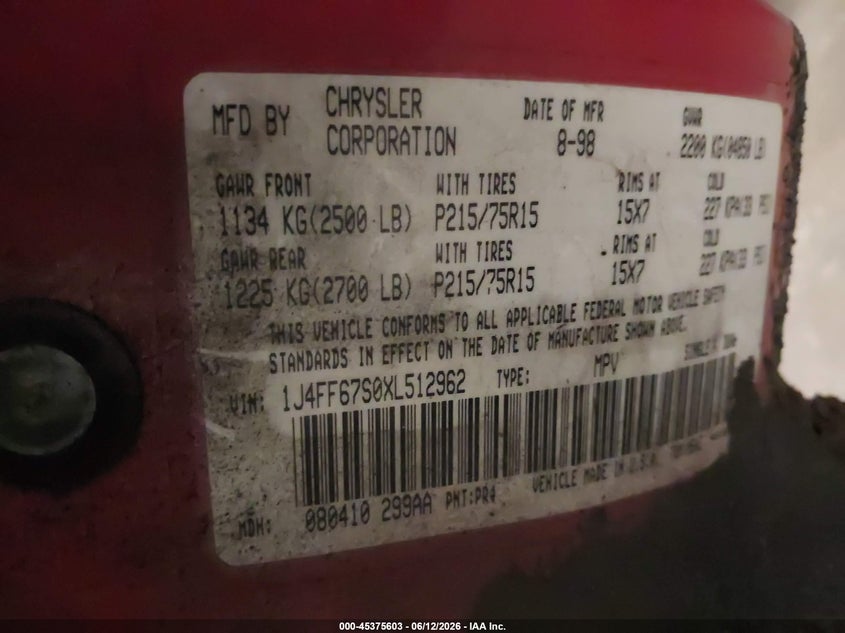 1999 Jeep Cherokee VIN 1J4FF67S0XL512962 IAAI salvage auction — NORMAL WEAR, Clear (Minnesota), sold $725 on 2026-07-08 (photo 9)