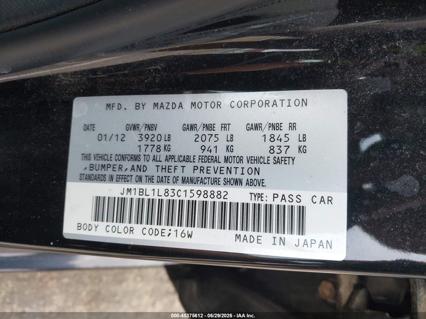 2012 Mazda 3 VIN JM1BL1L83C1598882 IAAI salvage auction — REAR END, Salvage (Idaho), sold $450 on 2026-07-16 (photo 9)