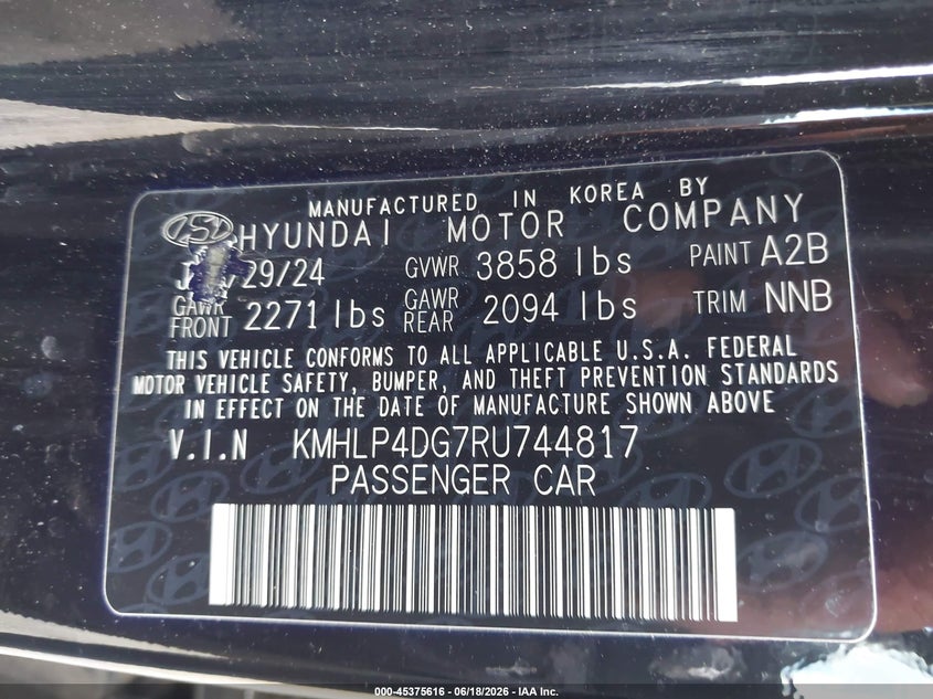 2024 Hyundai Elantra VIN KMHLP4DG7RU744817 IAAI salvage auction — FRONT & REAR, Salvage (Illinois), sold $4,700 on 2026-08-02 (photo 9)