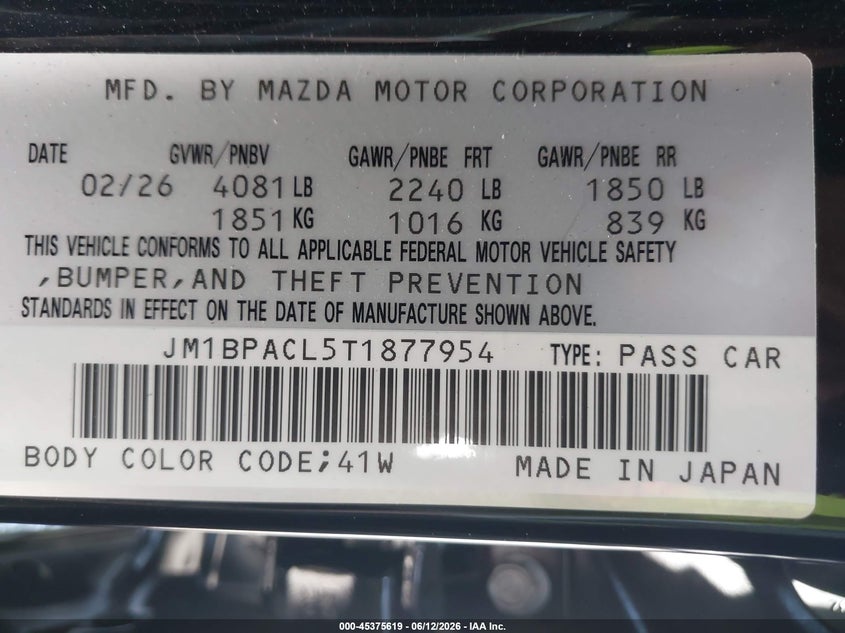 2026 Mazda 3 VIN JM1BPACL5T1877954 IAAI salvage auction — LEFT FRONT, Salvage Title, sold $2,000 on 2026-07-29 (photo 9)