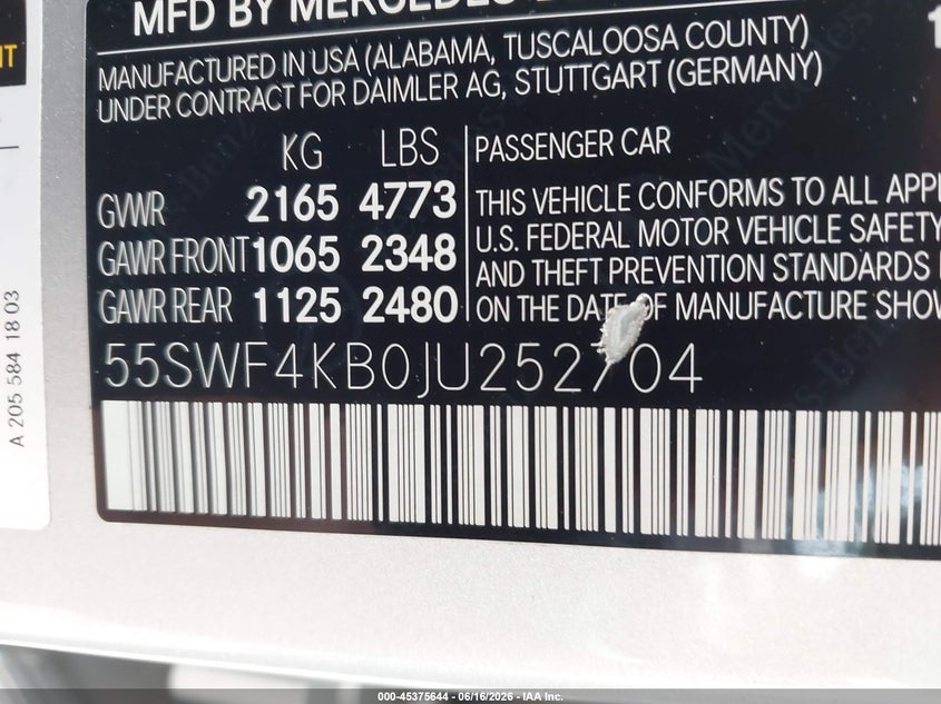 2018 Mercedes-benz C-klasse VIN 55SWF4KB0JU252704 IAAI salvage auction — FRONT END, Wait Title, sold $5,700 on 2026-08-12 (photo 9)