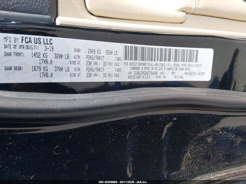 2019 Jeep Grand cherokee VIN 1C4RJFAG2KC754246 IAAI salvage auction — NORMAL WEAR, Sf97 (Maryland), sold $8,700 on 2026-09-08 (photo 9)