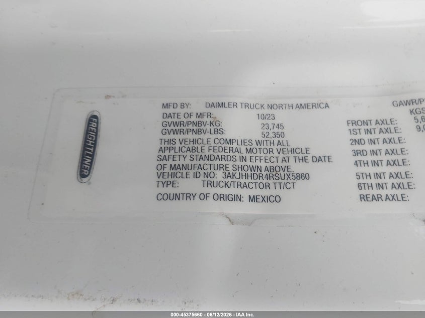 2024 Freightliner New cascadia 126 VIN 3AKJHHDR4RSUX5860 IAAI salvage auction — ROLLOVER, Wait Title, sold $12,800 on 2026-09-23 (photo 9)