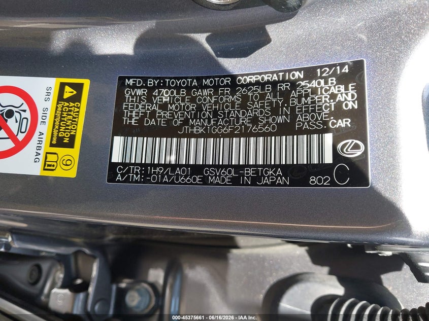 2015 Lexus ES VIN JTHBK1GG6F2176560 IAAI salvage auction — FRONT END, Salvage (North Carolina), sold $6,525 on 2026-07-24 (photo 9)
