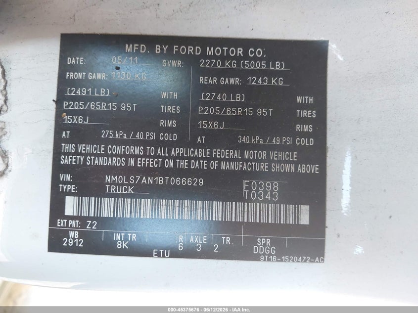 2011 Ford Transit connect VIN NM0LS7AN1BT066629 IAAI salvage auction — LEFT FRONT, Salvage (California), sold $2,850 on 2026-07-23 (photo 9)
