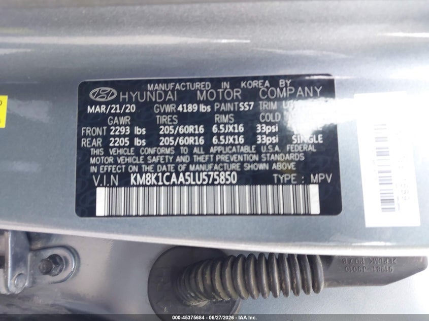 2020 Hyundai Kona VIN KM8K1CAA5LU575850 IAAI salvage auction — NORMAL WEAR, Sf97 (Washington), sold $8,800 on 2026-07-29 (photo 9)