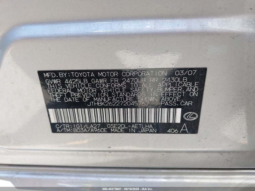 2007 Lexus Is 250 VIN JTHBK262272045767 IAAI salvage auction — SIDE, Salvage (California), sold $1,450 on 2026-07-16 (photo 9)