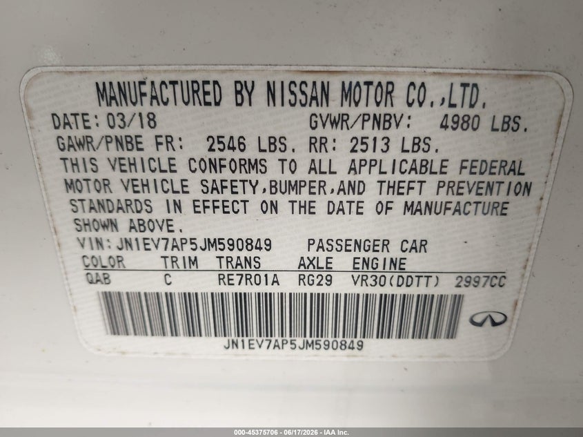 2018 Infiniti Q50 VIN JN1EV7AP5JM590849 IAAI salvage auction — ROOF, Clear (Alabama), sold $550 on 2026-07-09 (photo 9)
