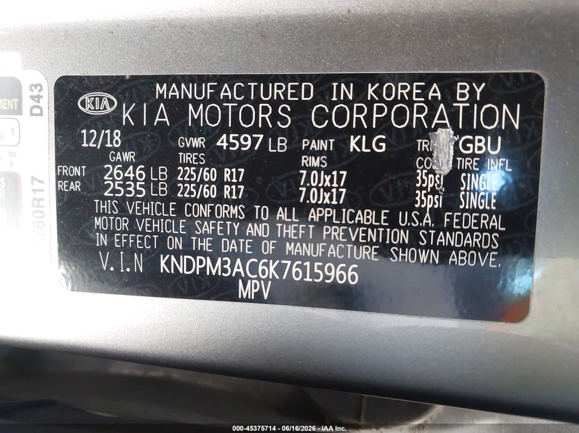 2019 Kia Sportage VIN KNDPM3AC6K7615966 IAAI salvage auction — FRONT END, Salvage (New Jersey), sold $2,700 on 2026-07-28 (photo 9)