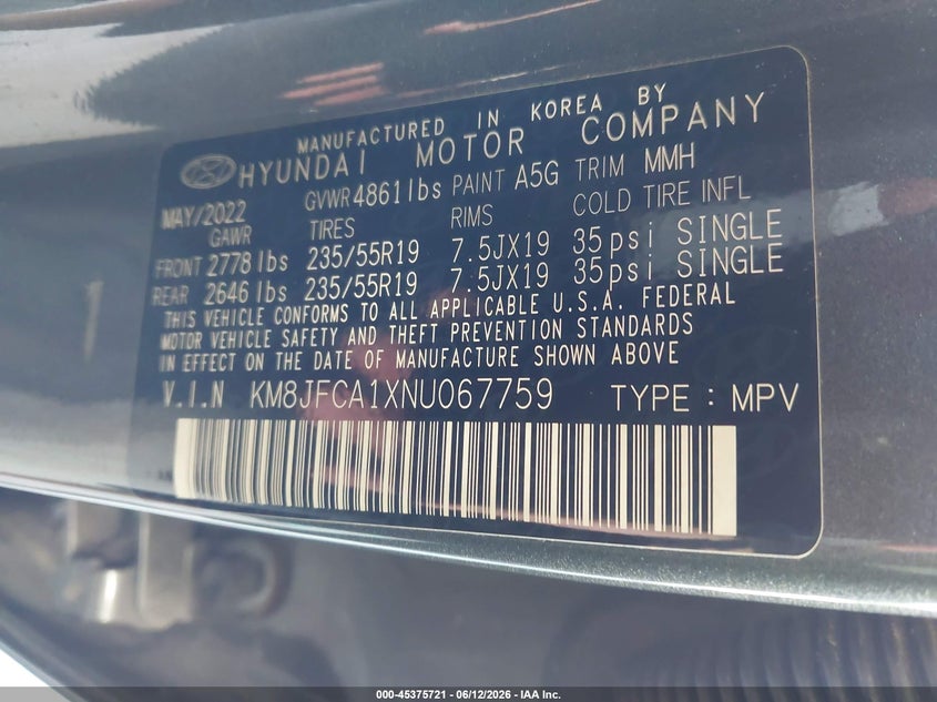 2022 Hyundai Tucson VIN KM8JFCA1XNU067759 IAAI salvage auction — LEFT FRONT, Salvage Title, sold $7,000 on 2026-07-22 (photo 9)