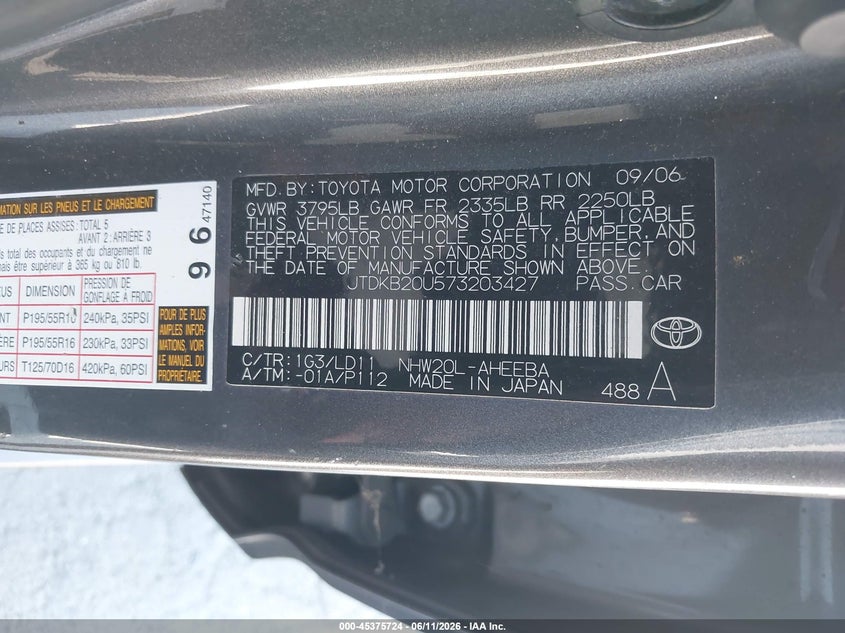 2007 Toyota Prius VIN JTDKB20U573203427 IAAI salvage auction — NORMAL WEAR, Clear - Dealer Only (California), sold $375 on 2026-07-29 (photo 9)