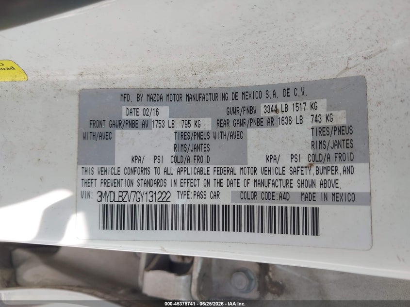 2016 Scion Ia VIN 3MYDLBZV7GY131222 IAAI salvage auction — FRONT & REAR, Salvage Title, sold $1,950 on 2026-07-28 (photo 9)