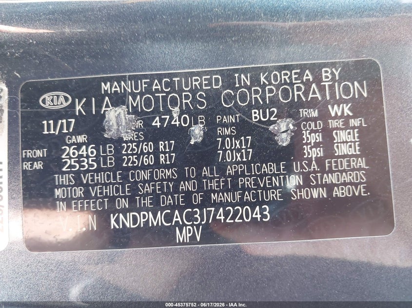 2018 Kia Sportage VIN KNDPMCAC3J7422043 IAAI salvage auction — REAR END, Salvage (New Jersey), sold $2,950 on 2026-08-01 (photo 9)