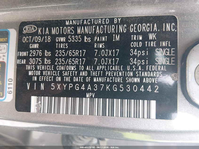 2019 Kia Sorento VIN 5XYPG4A37KG530442 IAAI salvage auction — ROLLOVER, Salvage Title, sold $450 on 2026-07-29 (photo 9)