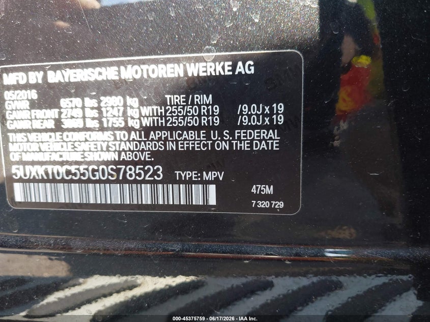 2016 BMW X5 VIN 5UXKT0C55G0S78523 IAAI salvage auction — REAR END, Salvage (Massachusetts), sold $4,850 on 2026-07-17 (photo 9)