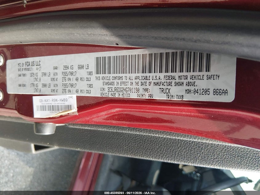 2017 Ram 1500 VIN 3C6JR6DG2HG701190 IAAI salvage auction — NORMAL WEAR, Sf97 (Maryland), sold $9,100 on 2026-08-18 (photo 9)