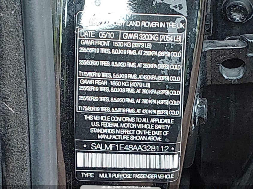 2010 Land rover RANGE ROVER VIN SALMF1E48AA328112 IAAI salvage auction — RIGHT FRONT, Salvage (Arizona), sold $2,250 on 2026-07-14 (photo 9)