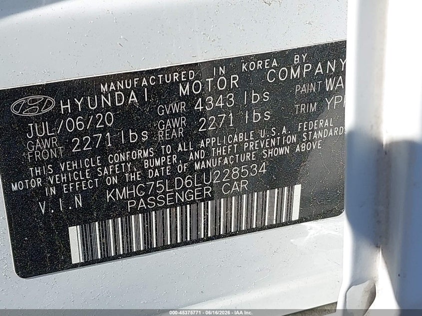 2020 Hyundai Ioniq VIN KMHC75LD6LU228534 IAAI salvage auction — FRONT END, Salvage Title, sold $2,700 on 2026-07-28 (photo 9)
