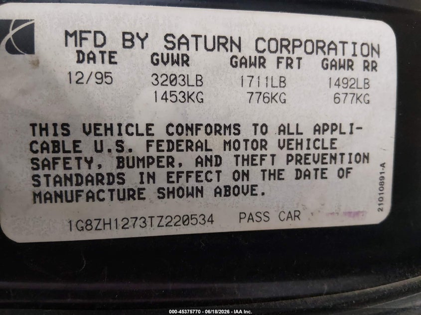 1996 Saturn Sc2 VIN 1G8ZH1273TZ220534 IAAI salvage auction — REAR END, Original (Alaska), sold $200 on 2026-07-10 (photo 9)