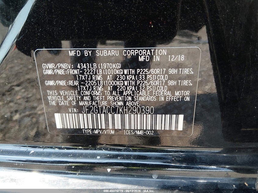 2019 Subaru Xv VIN JF2GTACC7KH290390 IAAI salvage auction — FRONT END, Salvage (Idaho), sold $5,300 on 2026-07-07 (photo 9)