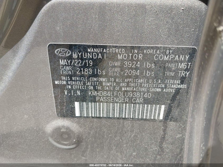 2020 Hyundai Elantra VIN KMHD84LF0LU938140 IAAI salvage auction — LEFT FRONT, Salvage (Rhode Island), sold $2,900 on 2026-07-28 (photo 9)