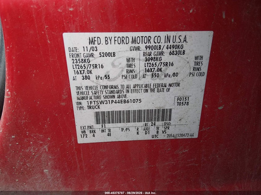 2004 Ford F-350 VIN 1FTSW31P44EB61075 IAAI salvage auction — RIGHT REAR, Bill Of Sale (Alaska), sold $3,050 on 2026-07-10 (photo 9)
