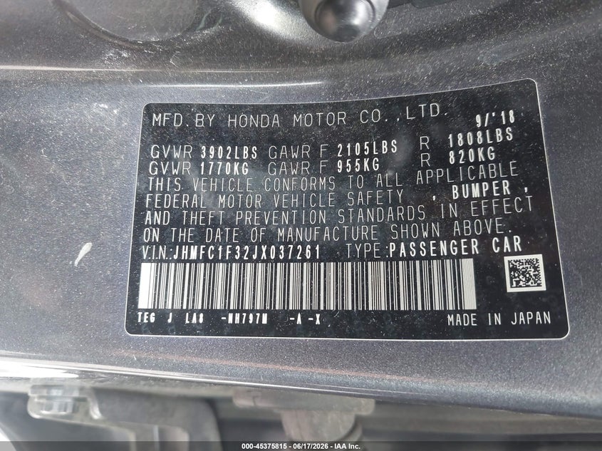 2018 Honda Civic VIN JHMFC1F32JX037261 IAAI salvage auction — FRONT END, Salvage (Arizona), sold $2,300 on 2026-07-07 (photo 9)