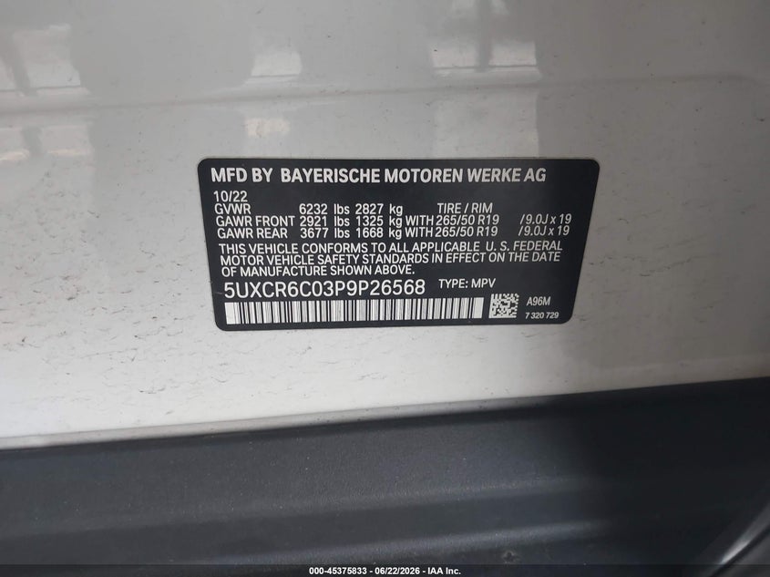 2023 BMW X5 VIN 5UXCR6C03P9P26568 IAAI salvage auction — FRONT END, Salvage Title, sold $18,600 on 2026-07-31 (photo 9)