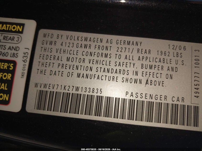 2007 Volkswagen Gti VIN WVWEV71K27W133835 IAAI salvage auction — NORMAL WEAR, Clear (New Jersey), sold $500 on 2026-07-20 (photo 9)