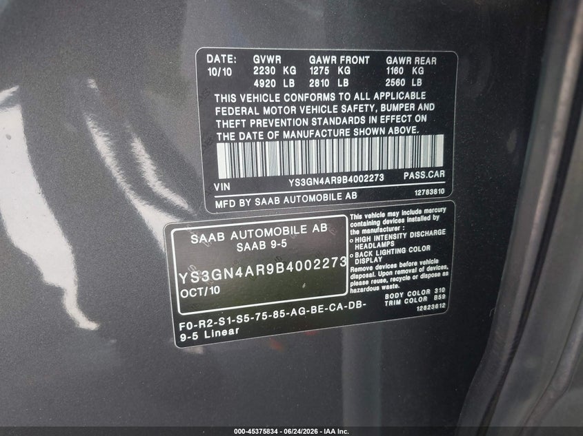 2011 Saab 9-5 VIN YS3GN4AR9B4002273 IAAI salvage auction — SIDE, Salvage (California), sold $700 on 2026-07-29 (photo 9)