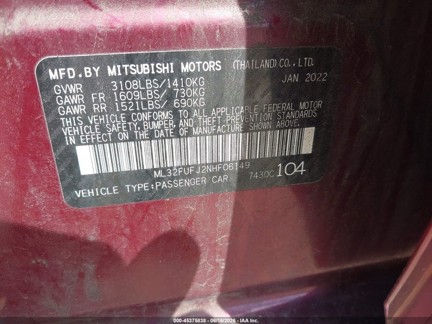 2022 Mitsubishi Mirage VIN ML32FUFJ2NHF06149 IAAI salvage auction — REAR END, Salvage Title, sold $2,800 on 2026-08-20 (photo 9)