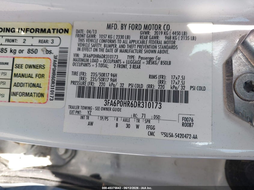 2013 Ford Fusion VIN 3FA6P0HR6DR310173 IAAI salvage auction — NORMAL WEAR, Clear - Dealer Only (California), sold $200 on 2026-07-09 (photo 9)