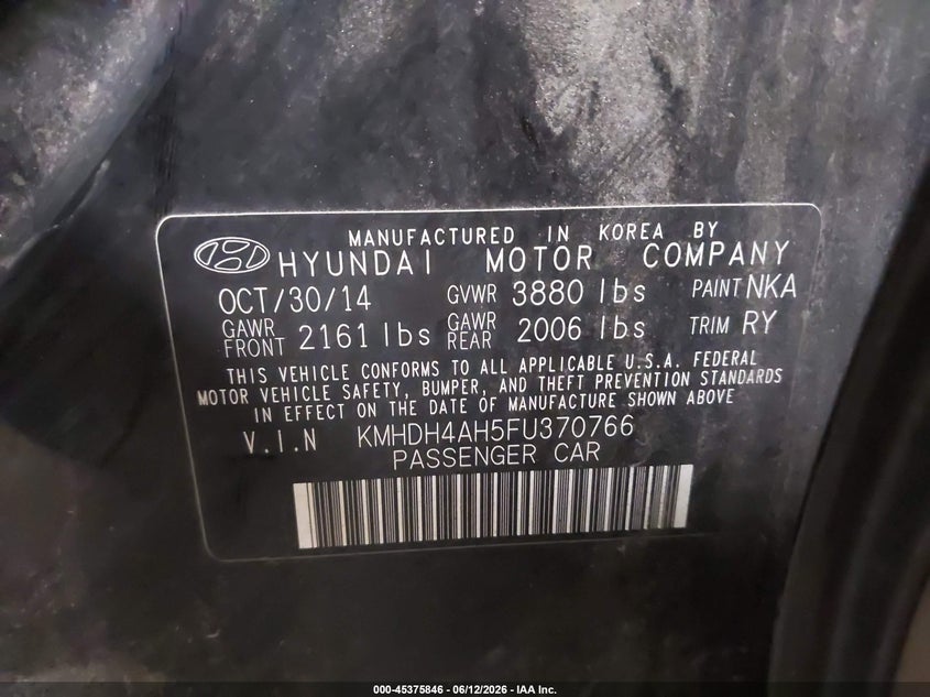 2015 Hyundai Elantra VIN KMHDH4AH5FU370766 IAAI salvage auction — RIGHT FRONT, Salvage (Maine), sold $1,075 on 2026-07-20 (photo 9)